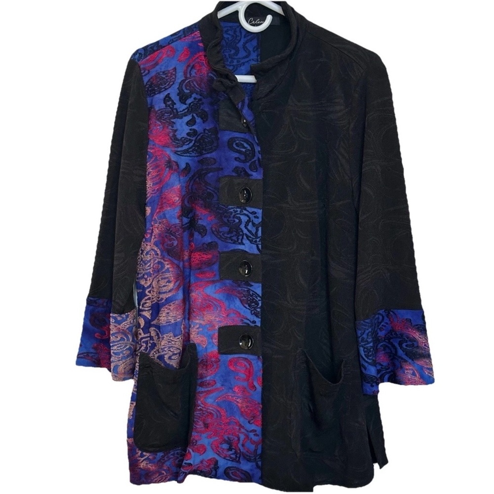 Calessa Whimsigoth Paisley Burnout Velvet Tunic Jacket Mandarin Collar-L-Artsy
